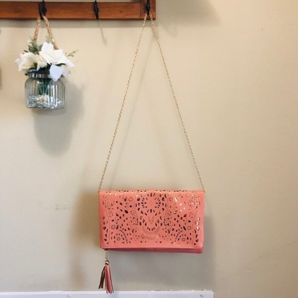 Salmon Fold Over Clutch/Crossbody Bag with Gold Laser Cutouts - Picture 8 of 9
